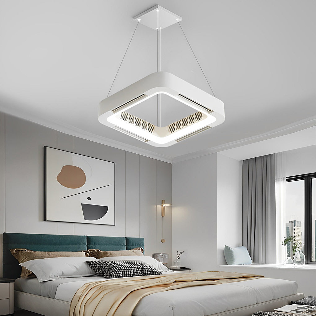Low profile bladeless ceiling fan with light, providing ambient lighting in cozy bedroom with neutral decor.