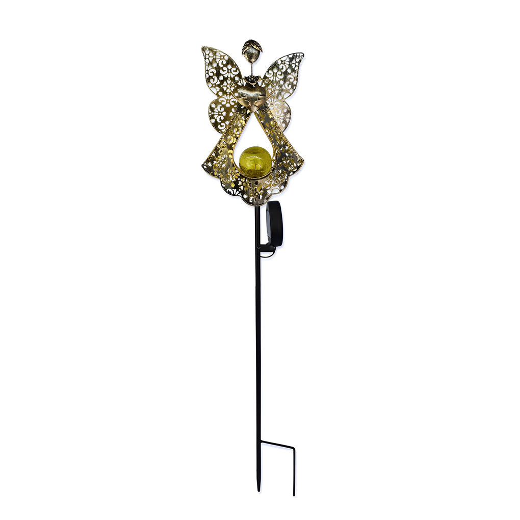 Angel-shaped solar garden stake light with ornate metal wings and a glowing crackle glass globe.