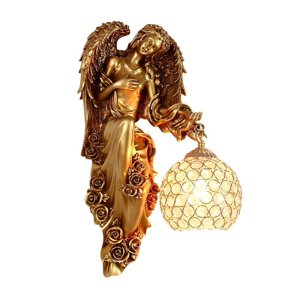 Front view of gold angel wall sconce with detailed angel figure and crystal globe light.
