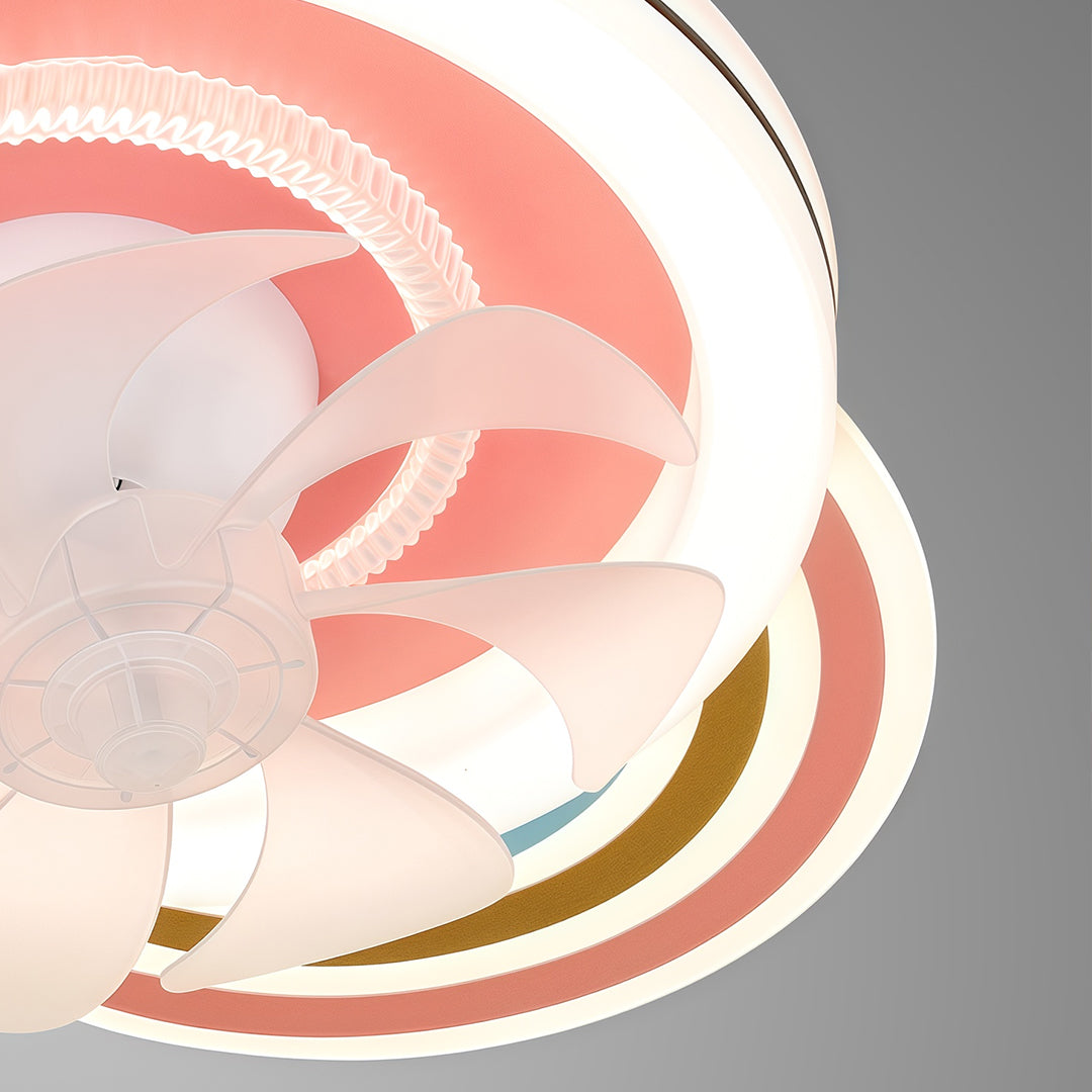 Angled shot of the modern pink and white beautiful ceiling fans with lights highlighting the petal-like blade design. 