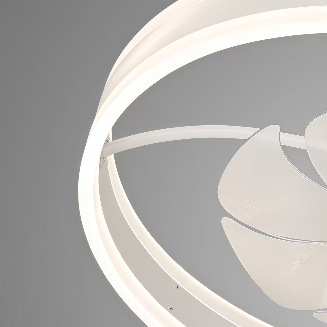 Angled perspective of the modern white ceiling fan with light showing the illuminated ring and how the blades retract when not in use. 