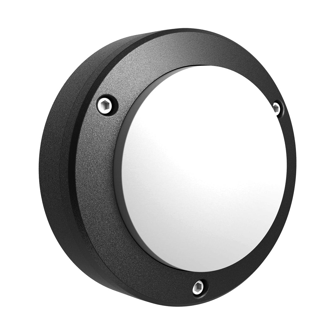 Angled product view of the compact circular round outdoor wall lights with a durable metal casing.
