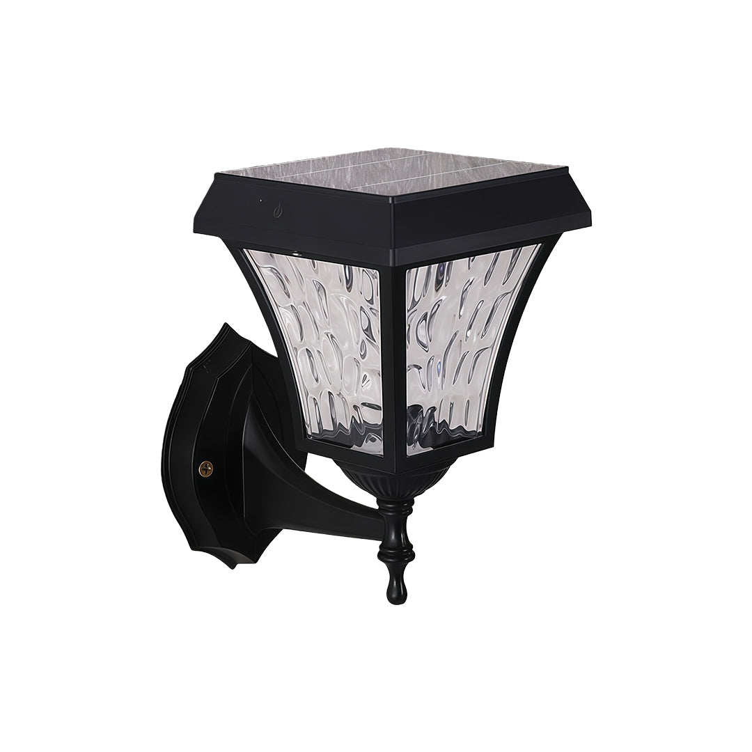 Angled product photo of the black solar outdoor sconce lights with textured glass, isolated on a white background.