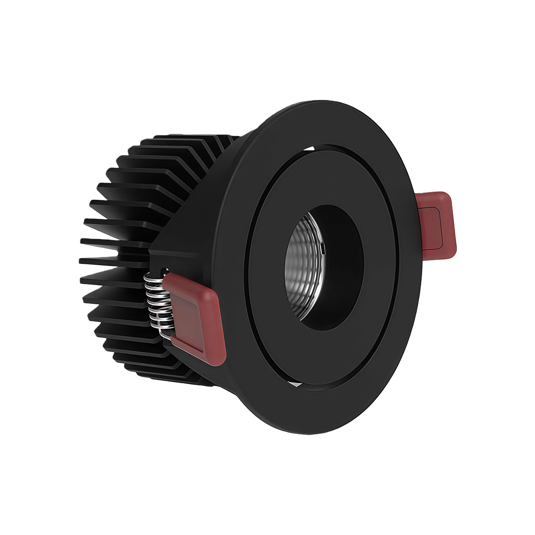 Angled product shot of a recessed black modern spotlights fixture designed for ceiling installation.
