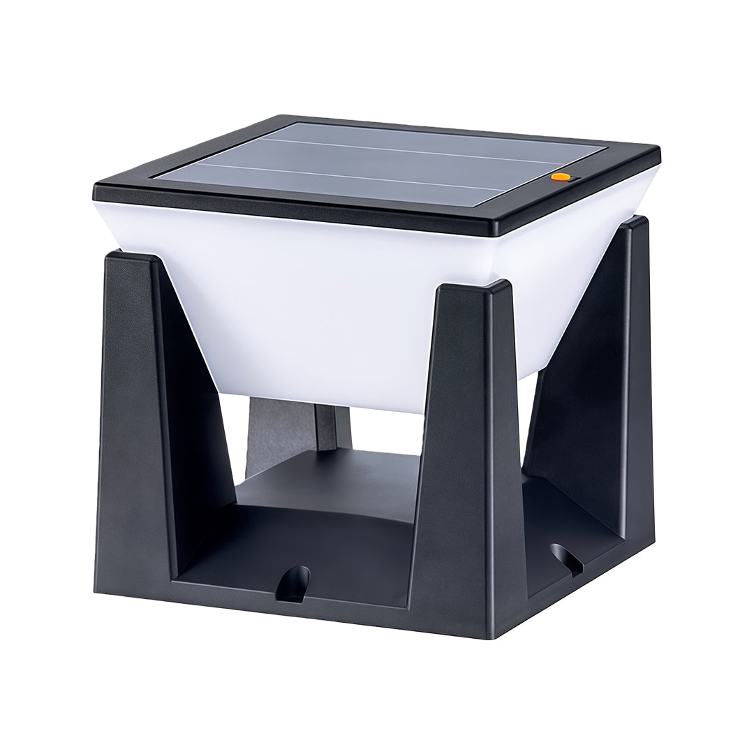 Angled studio shot of the solar bollard light showcasing its contemporary four-post design, isolated on white.