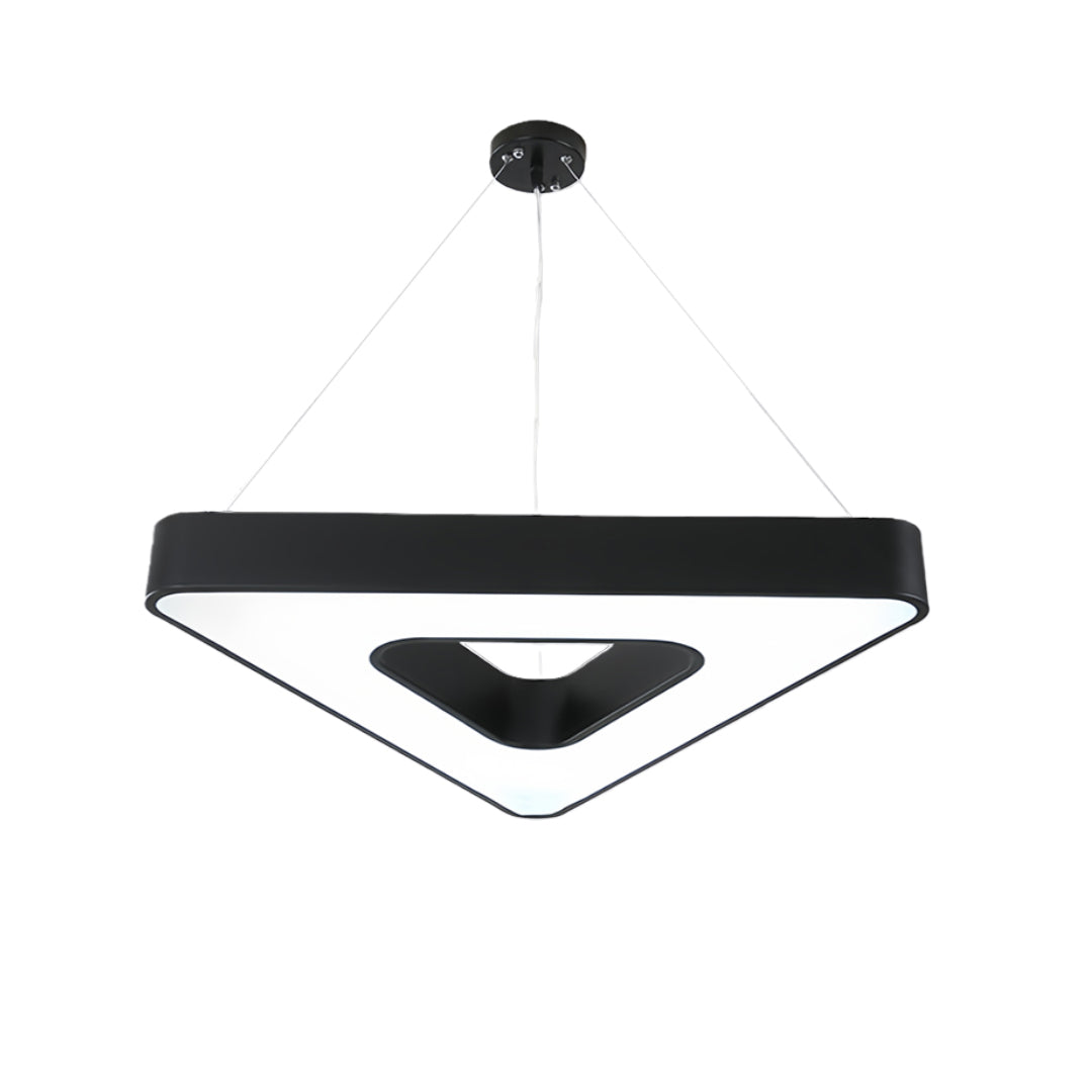 Black modern chandelier with angular design, providing a striking focal point in modern interiors.