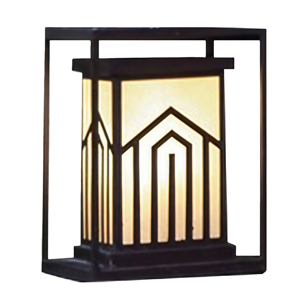 Angular lantern outdoor lights in a dark bronze finish, shown glowing on a white background.