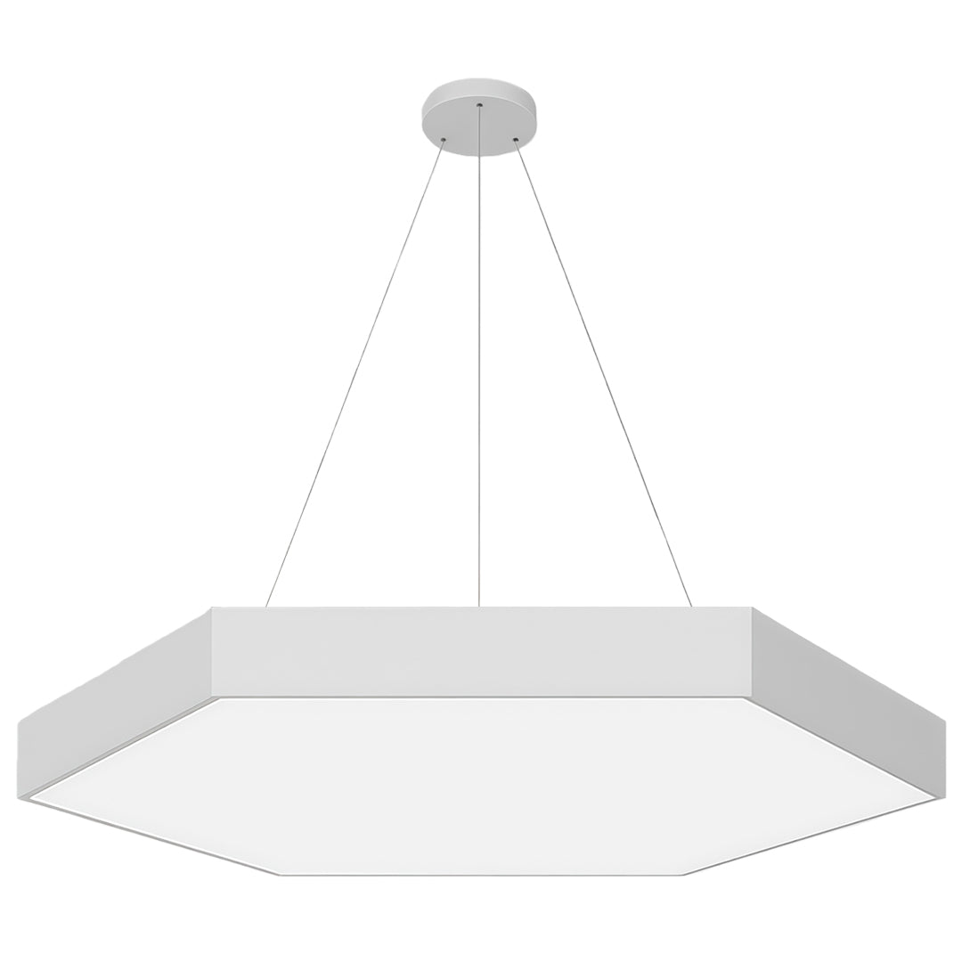 Modern geometric chandelier with clean, angular shapes, illuminating a contemporary dining area.