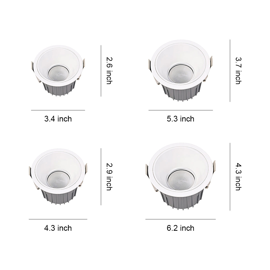 Anti glare downlights showing four different sizes and beam angles in comparison chart on white background