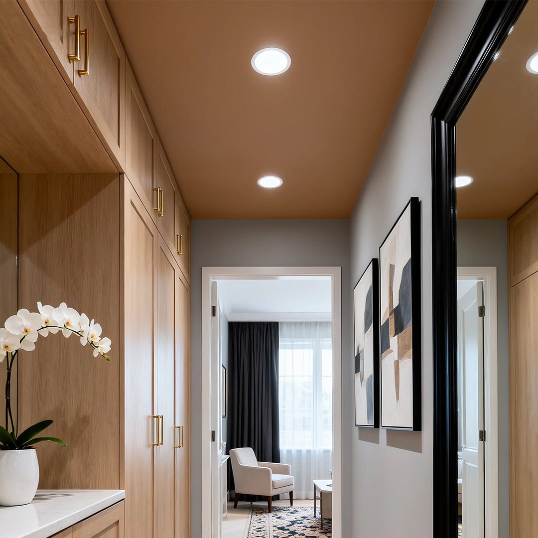 Anti glare downlights creating gallery lighting effect in long hallway with art and chandelier