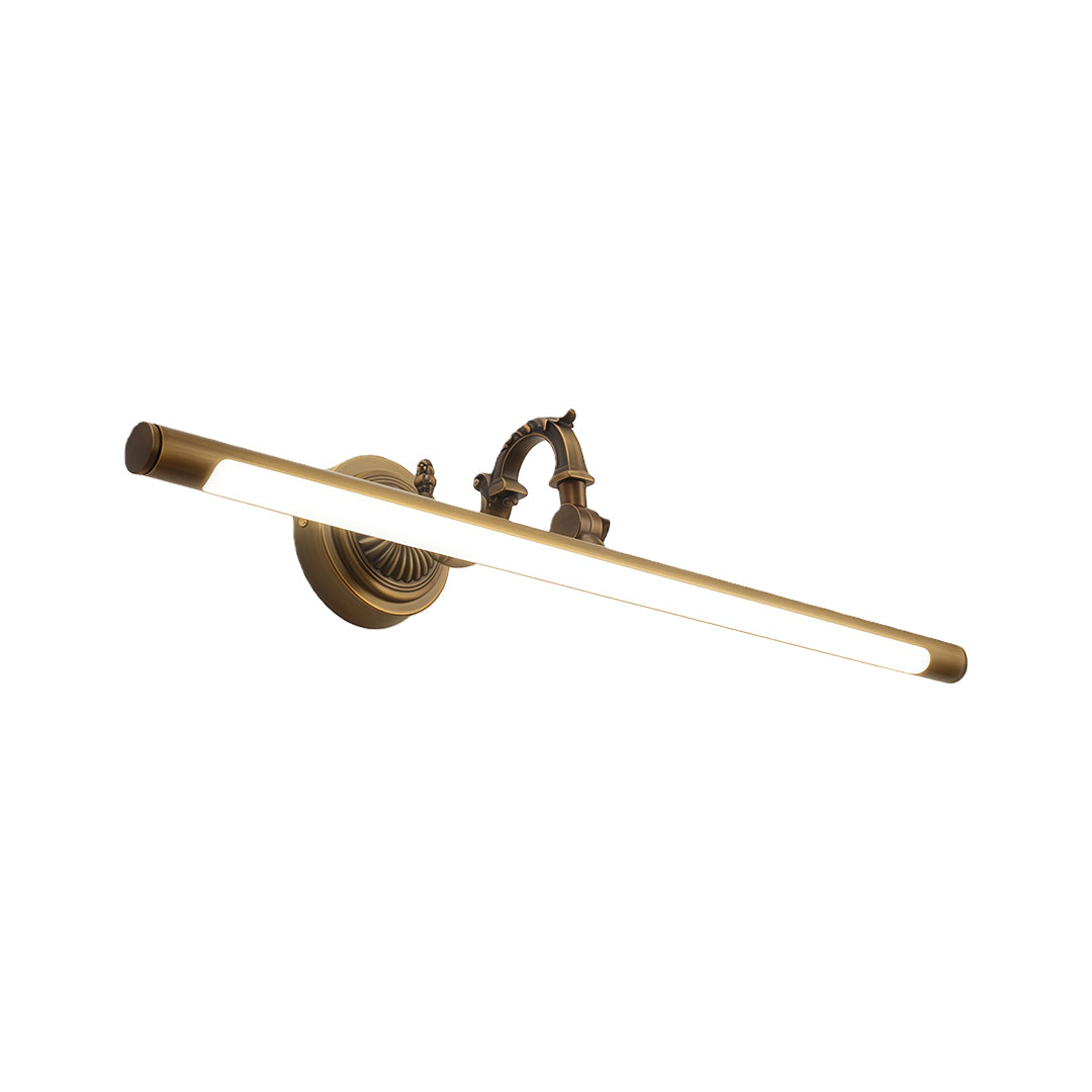 Antique brass bathroom LED vanity light featuring articulated arm and integrated LED bar.