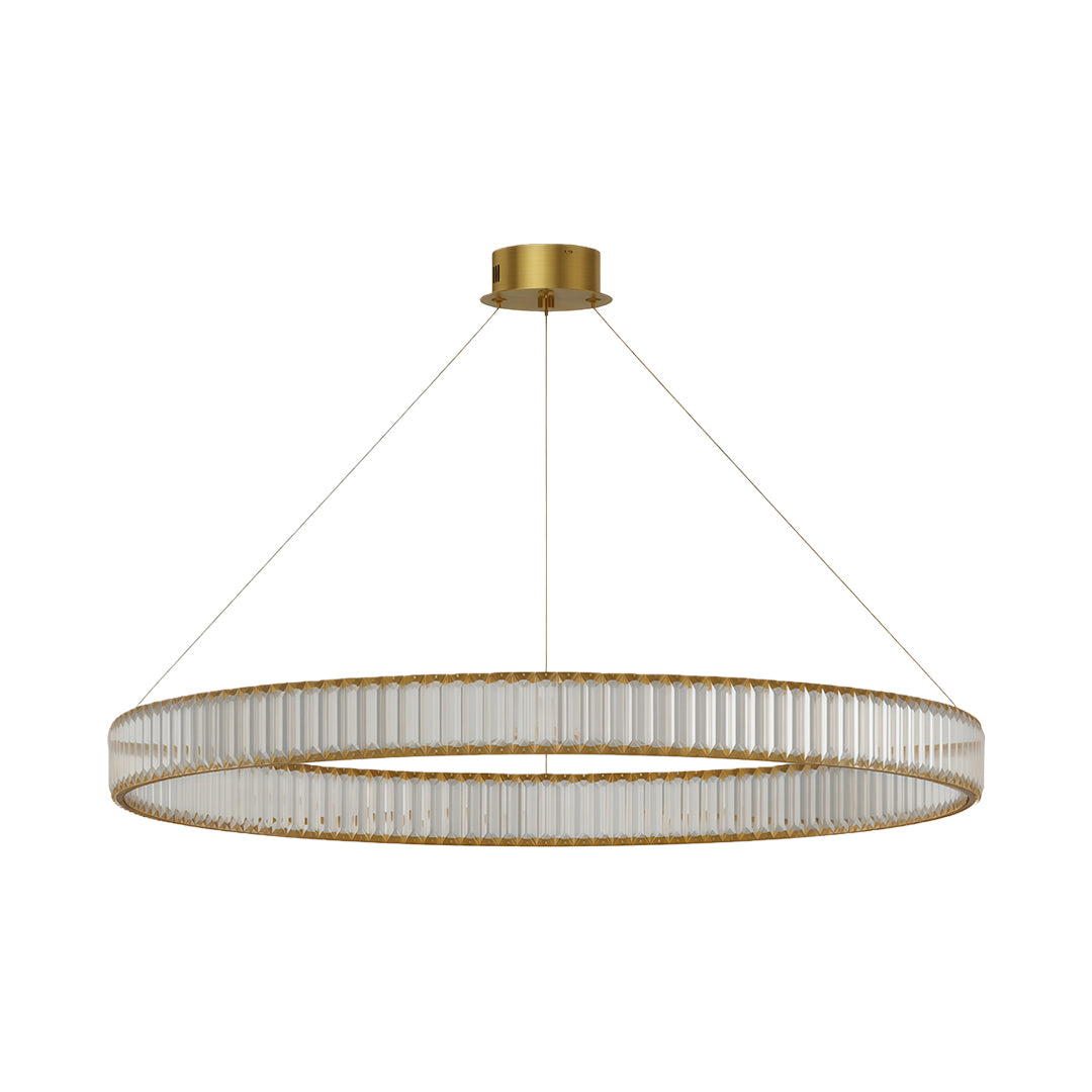 Unique modern chandeliers with antique brass circular frame and crystal glass elements