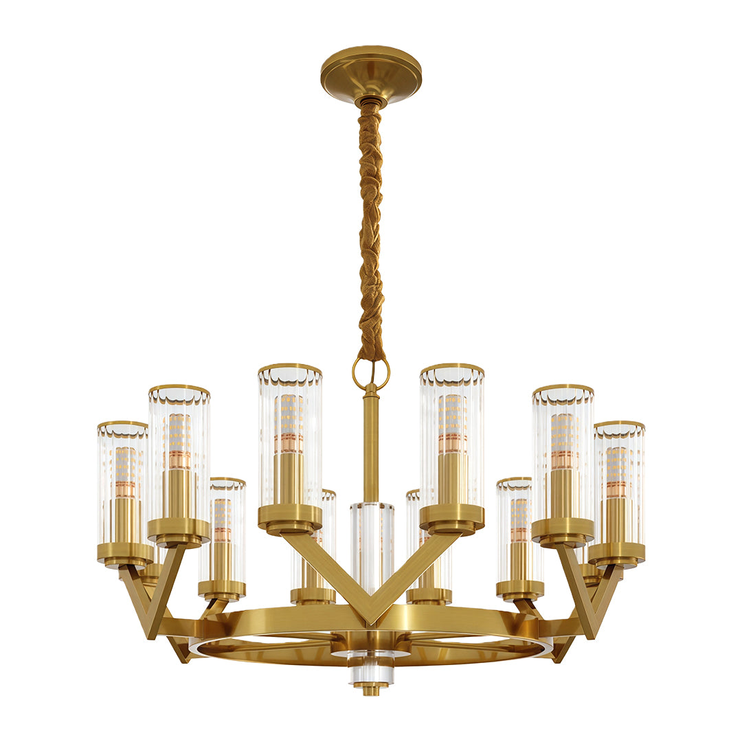 Glass drop chandelier with antique brass and circular glass cylinder configuration