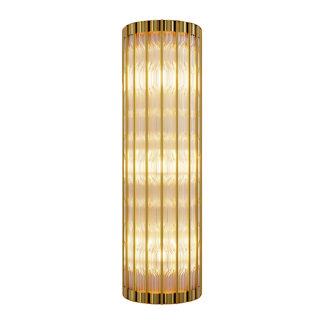Linear wall light with antique brass and cylindrical crystal glass design.