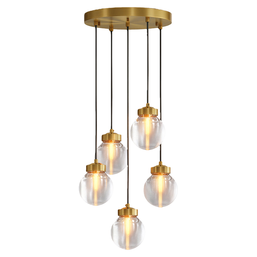Glass semi flush mount lighting with antique brass and five-light cluster arrangement