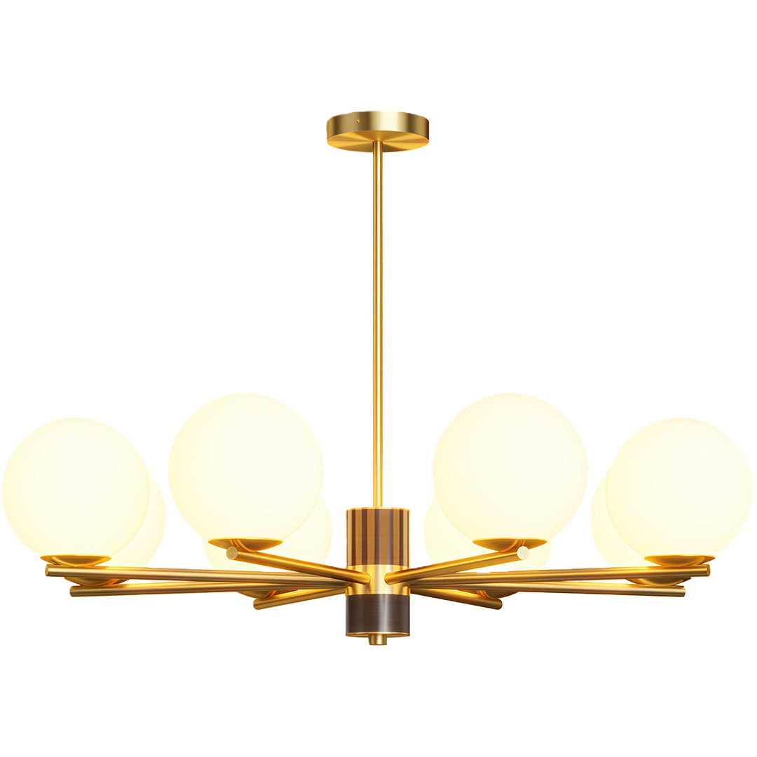 Modern luxury chandeliers in antique brass with geometric arm and globe configuration