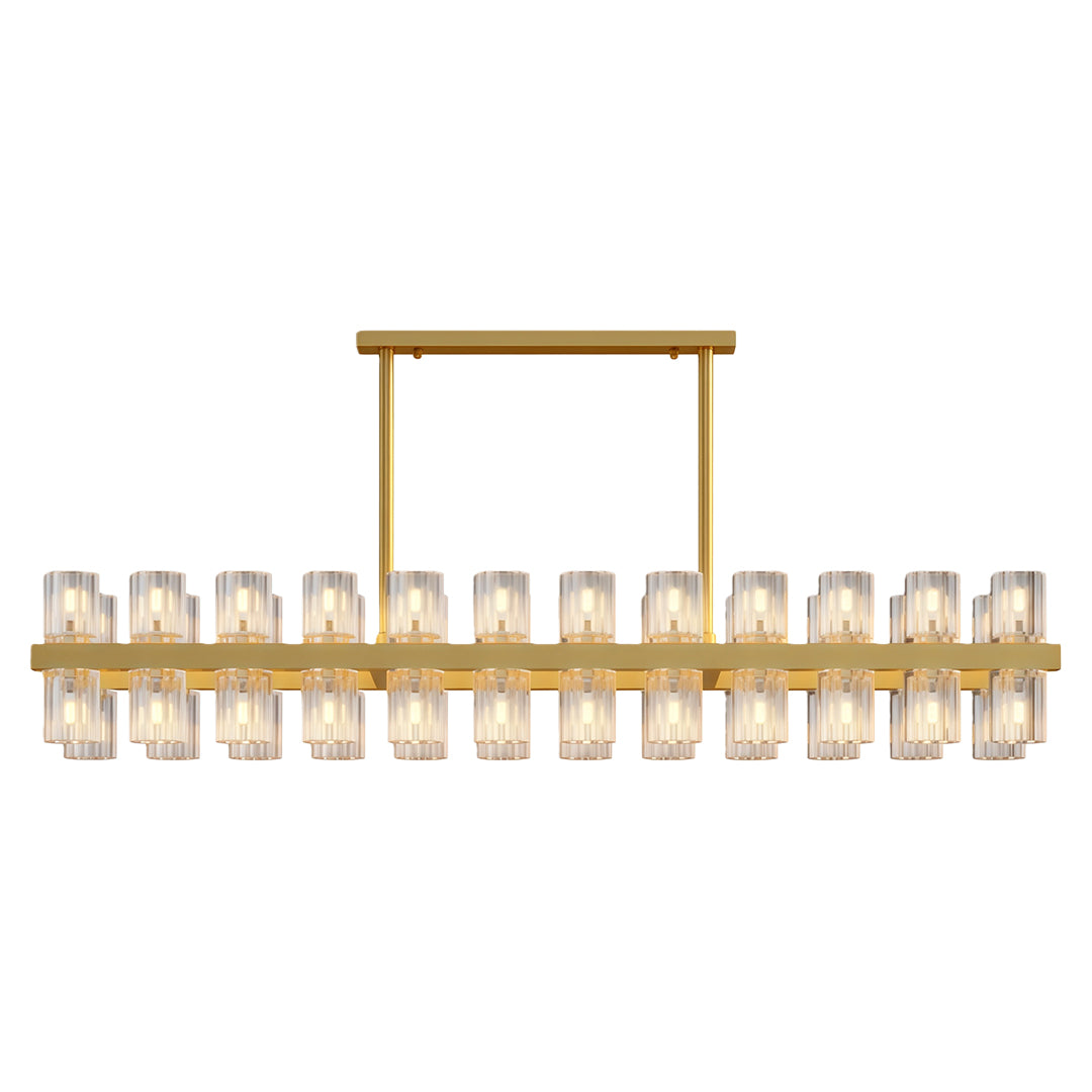 Modern luxury crystal chandeliers with antique brass and horizontal glass cylinder arrangement.