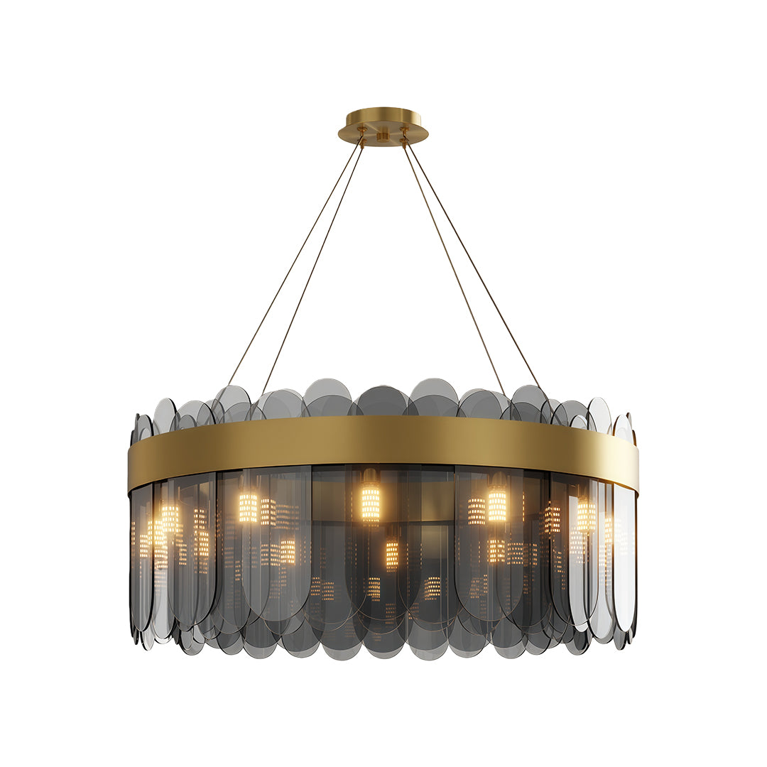 Modern copper chandelier with antique brass and mixed metal glass shade design