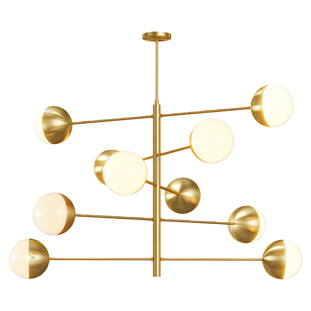 Globe light chandelier with antique brass and mixed white globe arrangement