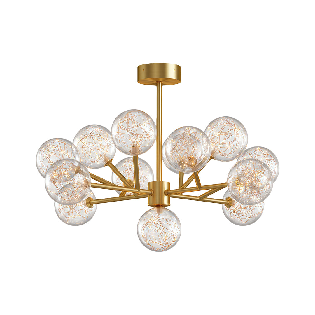 Modern glass globe chandelier with antique brass and multi-directional globe design