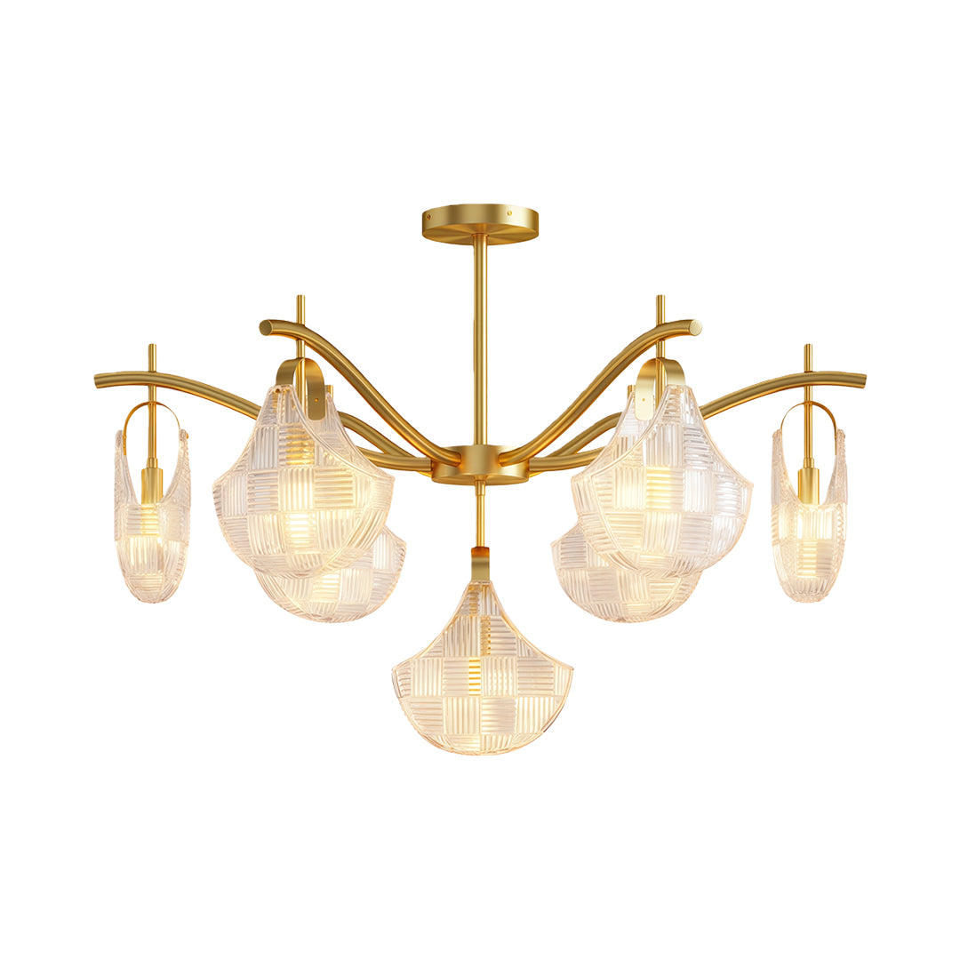 Shell chandelier light with antique brass arms and multiple shell glass pendants.