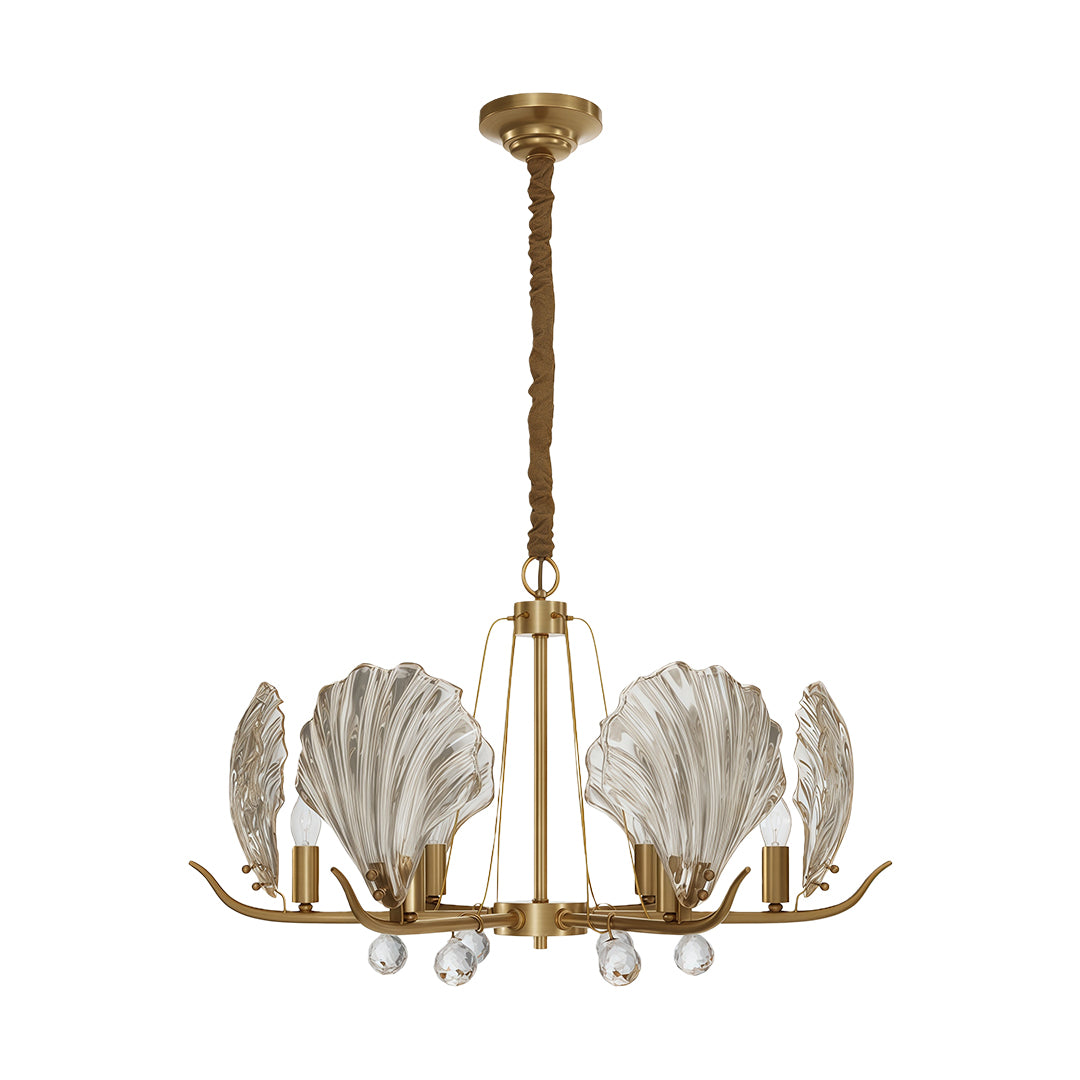 Modern large chandeliers with antique brass and sculptural palm-leaf glass arrangement