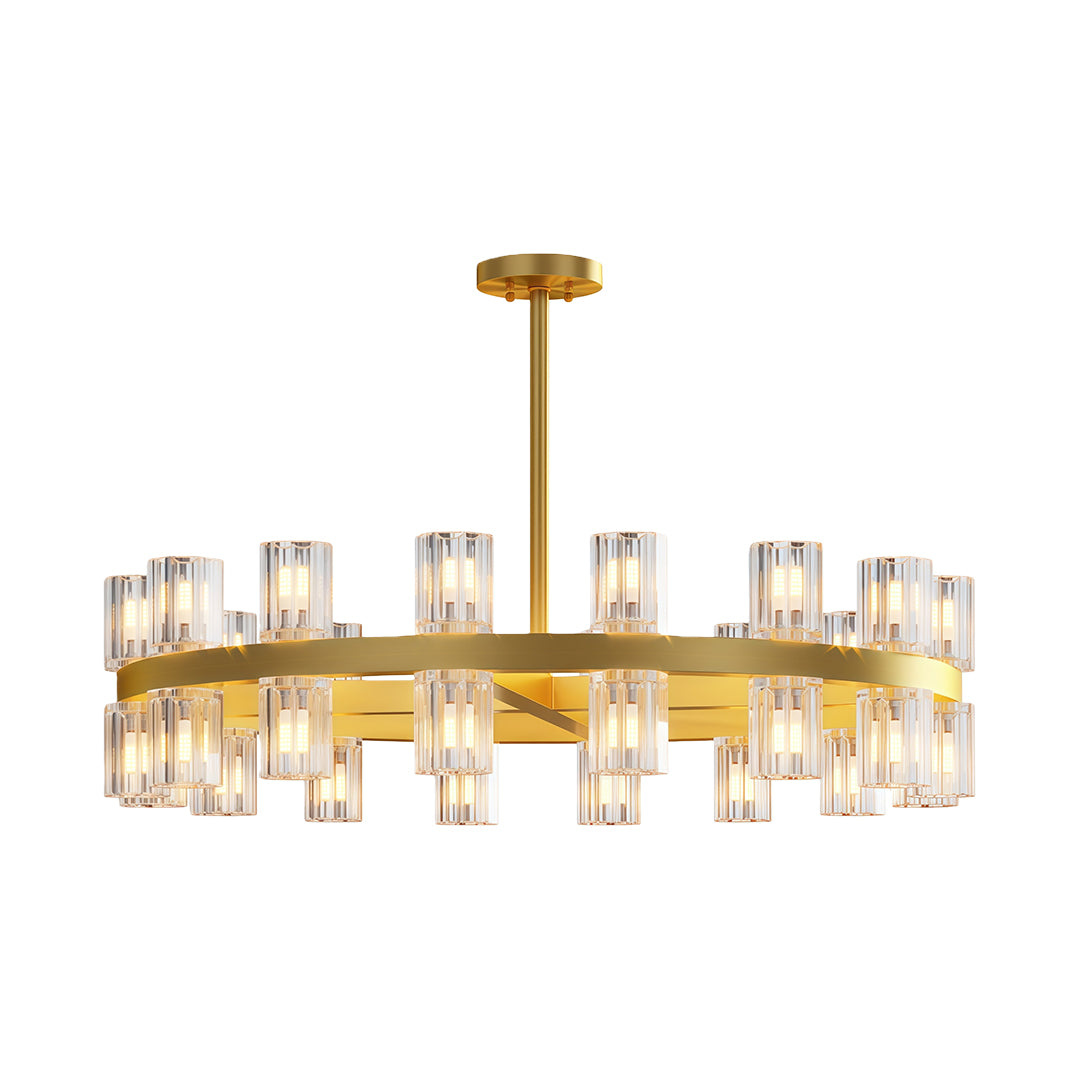 Luxury crystal chandeliers with antique brass and staggered glass cylinder layout.