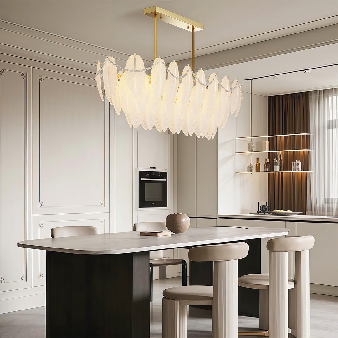 Modern luxury chandeliers featuring antique brass with vintage-inspired feather glass design