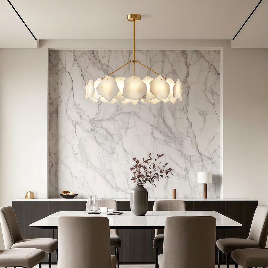 Modern LED chandelier with antique brass and vintage-inspired horizontal glass design.