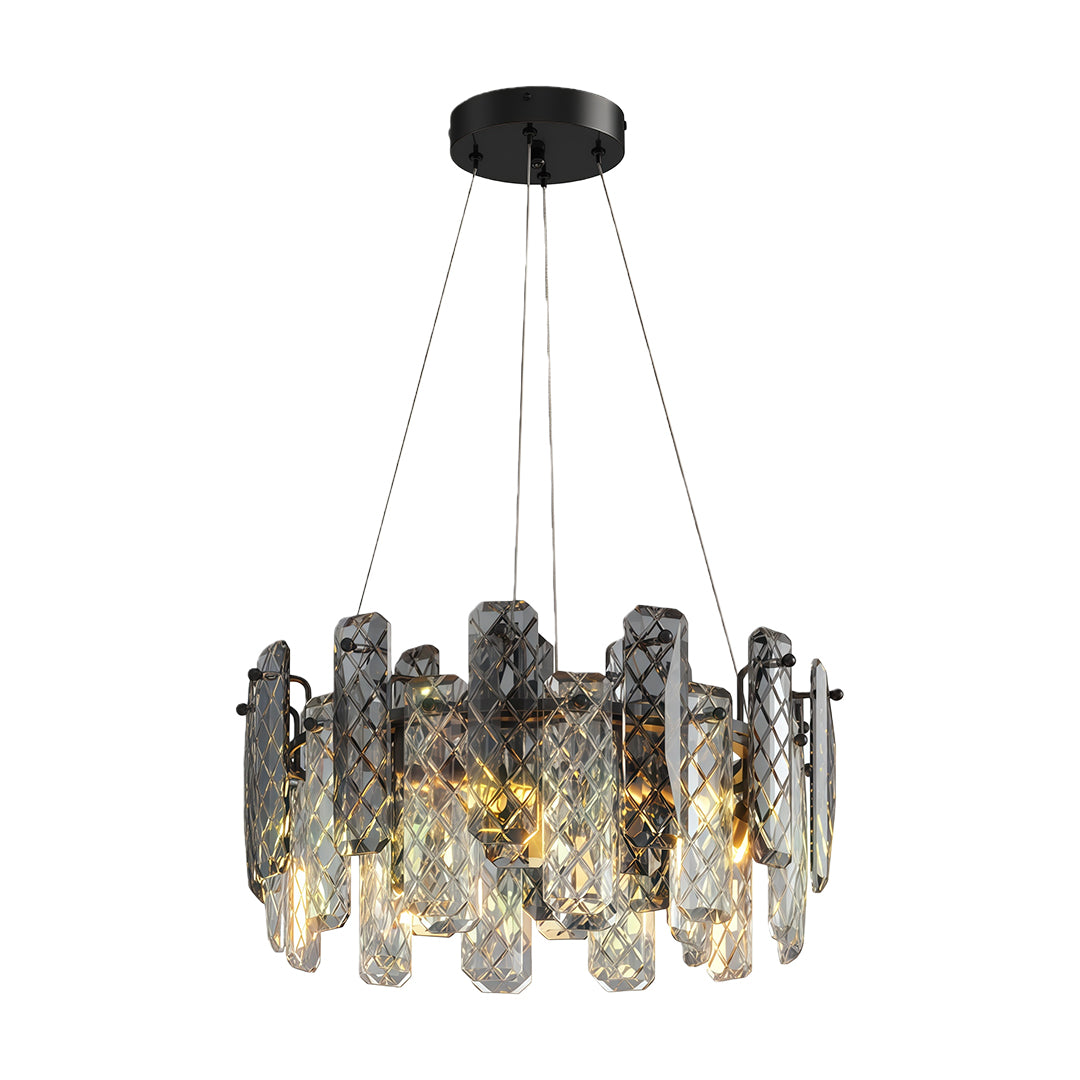 Luxury contemporary crystal chandeliers with antique brass and warm-toned crystal glass layers.