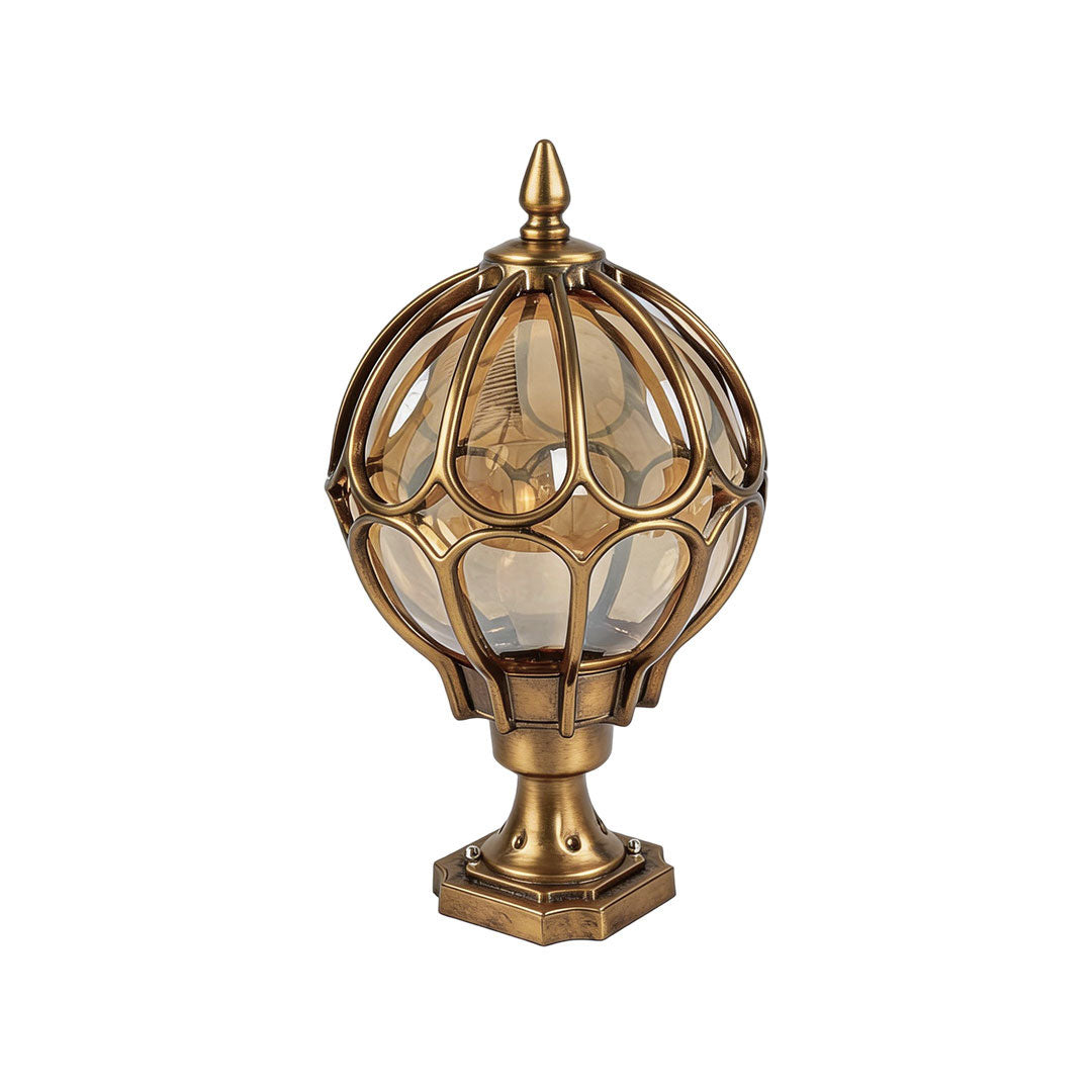 Antique bronze outdoor globe pillar light with amber glass isolated on white background now!!