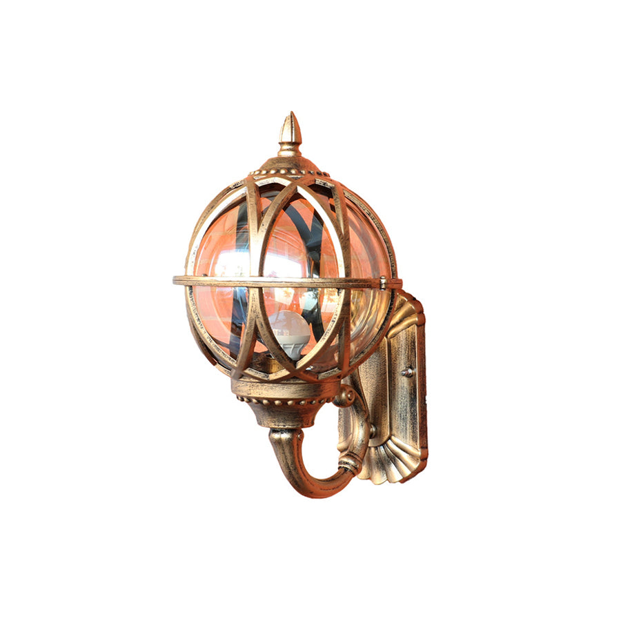 Antique bronze spherical cage lantern with decorative wall mount and classic styling