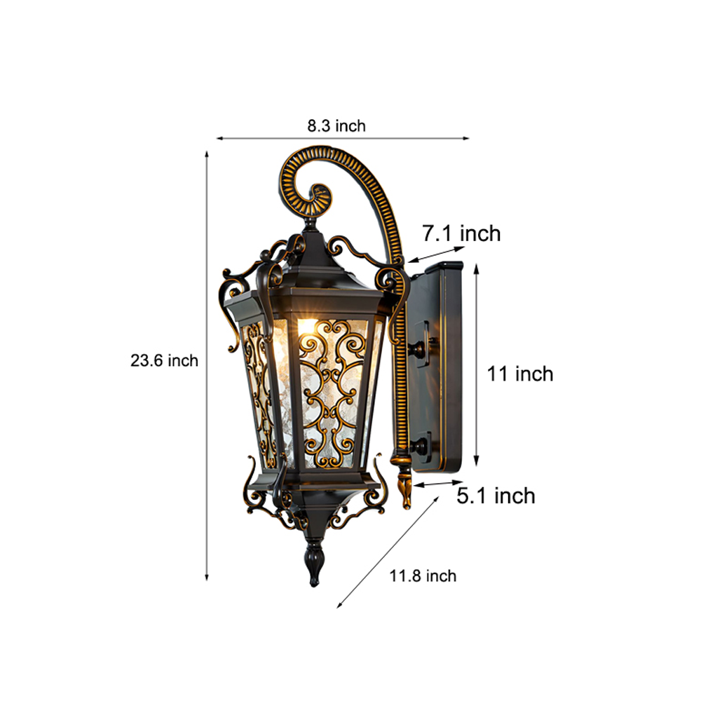 Antique outdoor wall sconce product view with dimensions illustrated on white background.