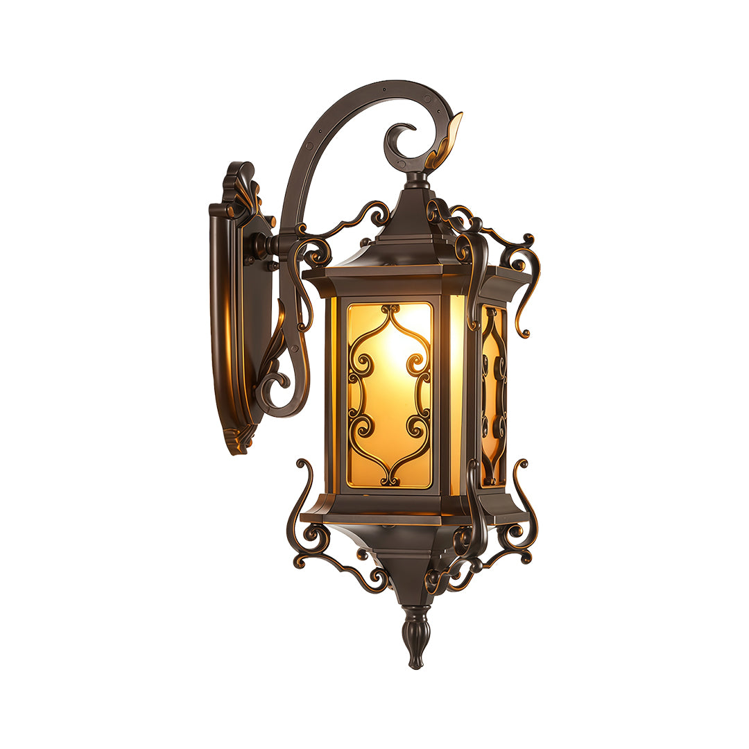 Antique Outdoor Wall Sconce Light featuring intricate metal scrollwork and warm glow.
