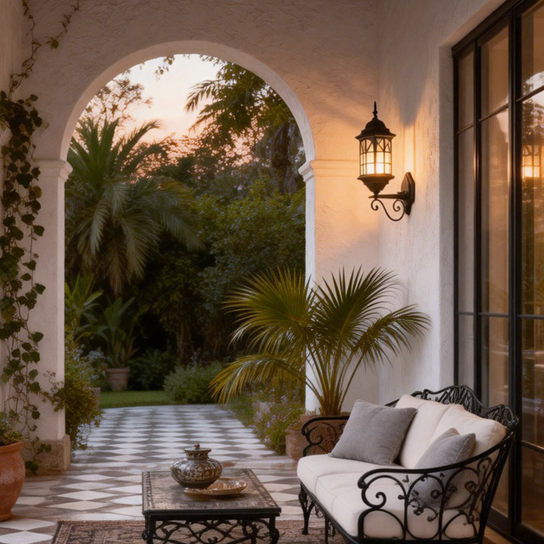 Antique-style classic porch light featuring ornate black metal frame and warm frosted glass for timeless charm.