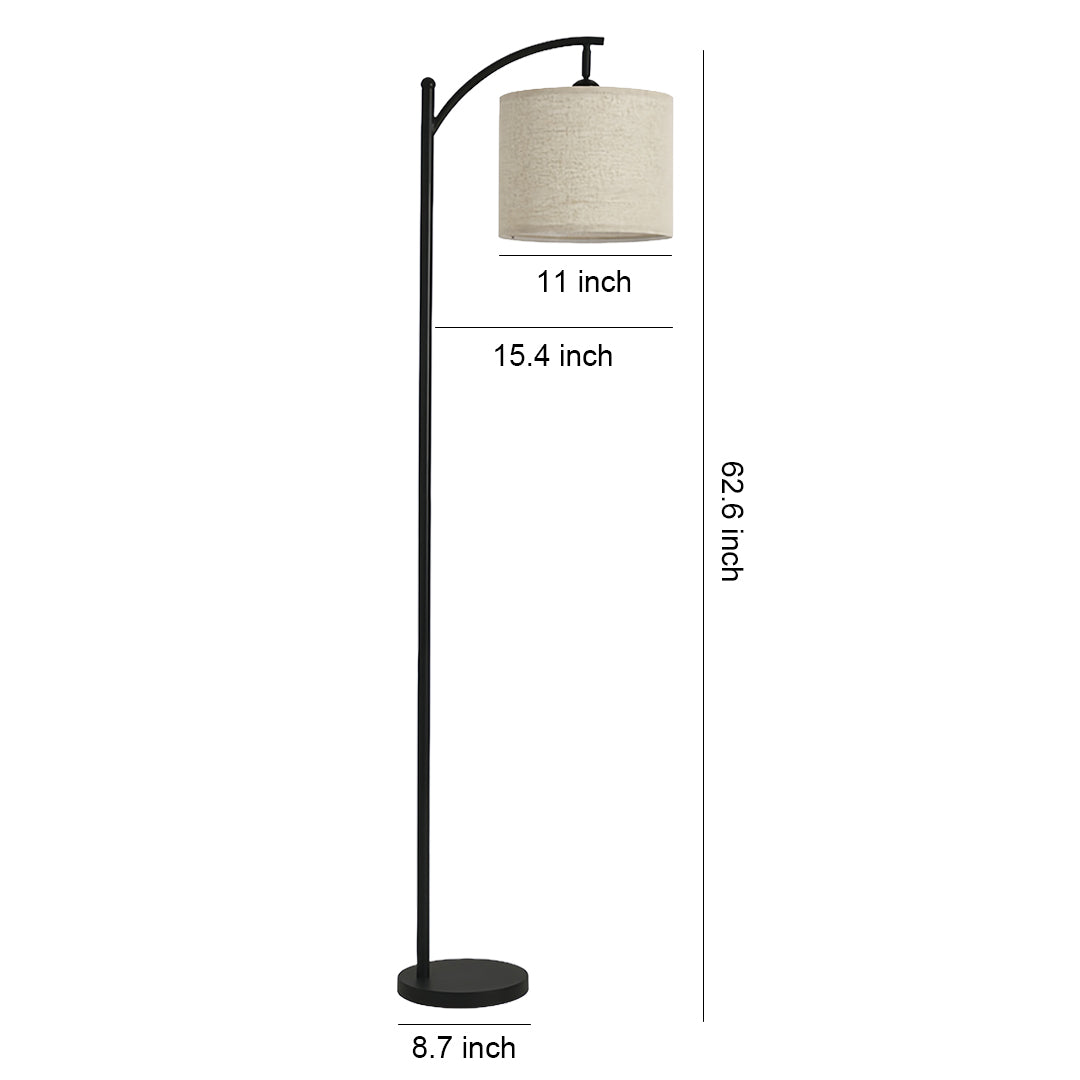 Technical specifications for small black pendant light designed as arc floor lamp with fabric drum shade