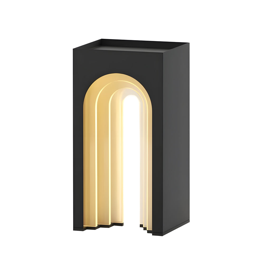 Modern black metal pillar lights with arched LED cutouts creating elegant lighted lawn decorations for contemporary outdoor spaces