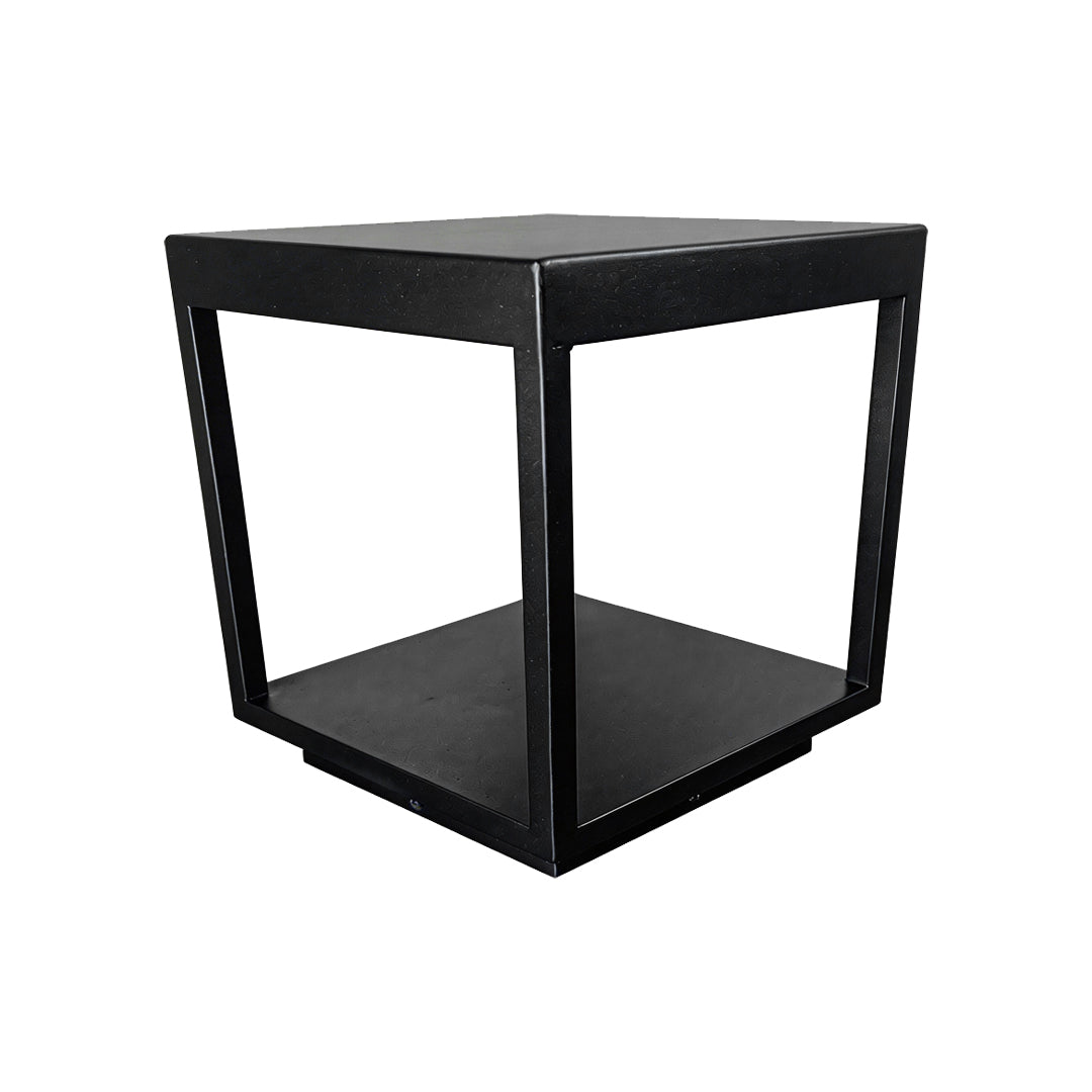 Architectural black cube concrete pillar lights for outdoor garden fences on white backgrounds.