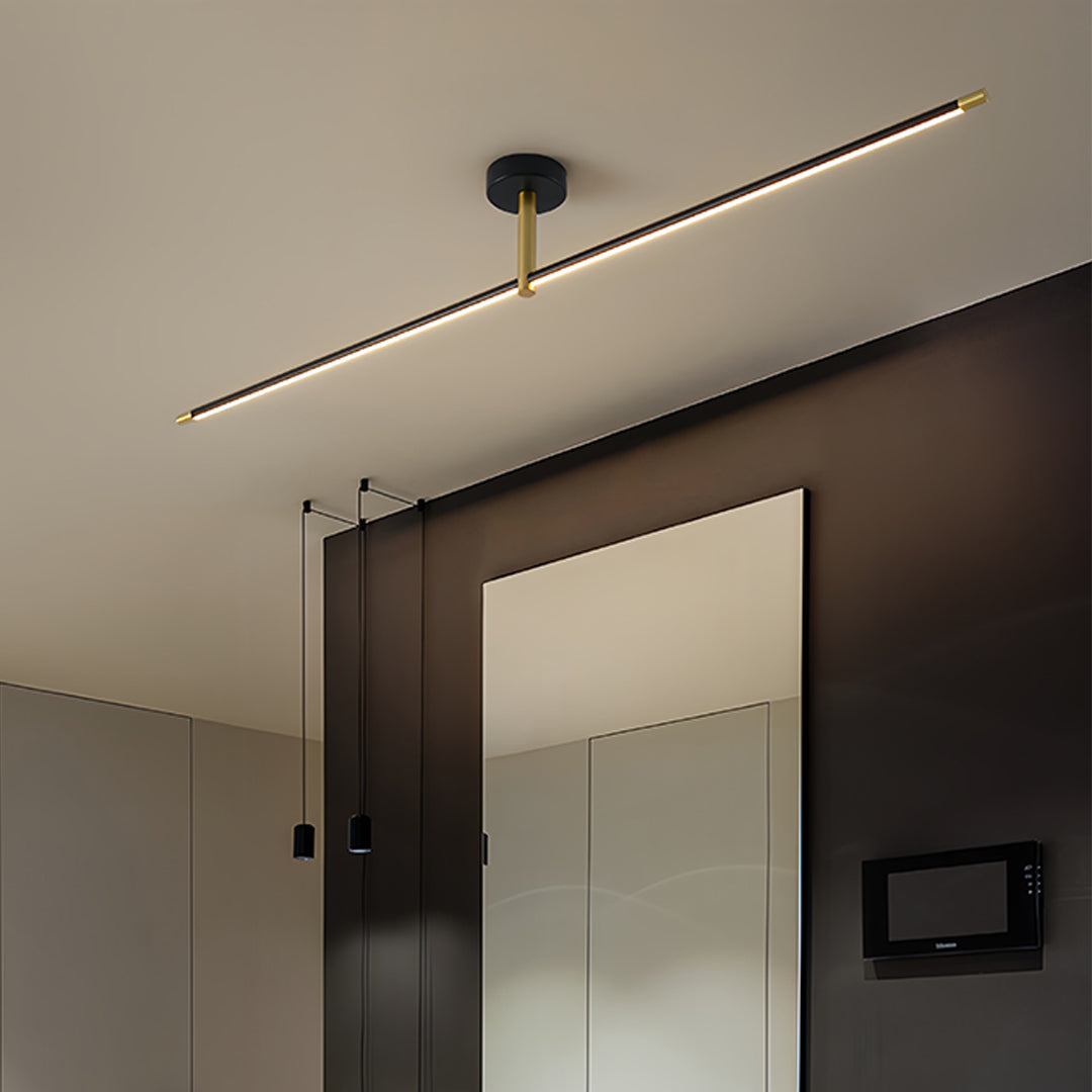 Architectural linear semi flush mount light with black mounting hardware for modern interior spaces