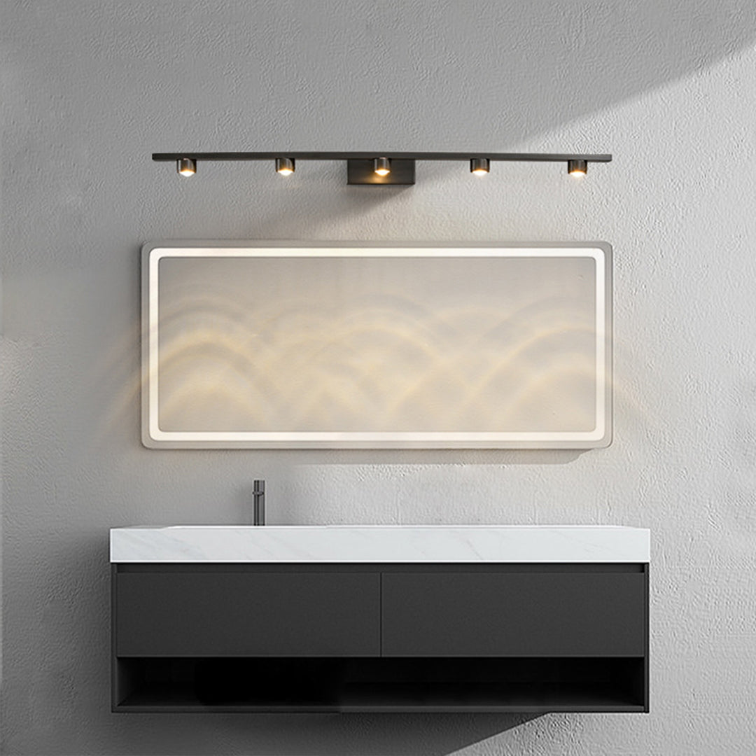 Architectural black vanity lights for bathroom over rectangular mirror creating perfect task lighting