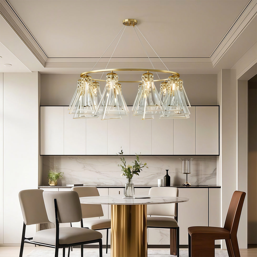 Architectural contemporary crystal chandelier with glass shade chandelier styling creating stunning visual in contemporary dining space.