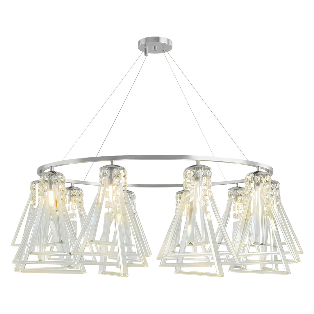 Architectural contemporary crystal chandelier featuring glass shade chandelier styling in polished nickel with geometric crystal elements.