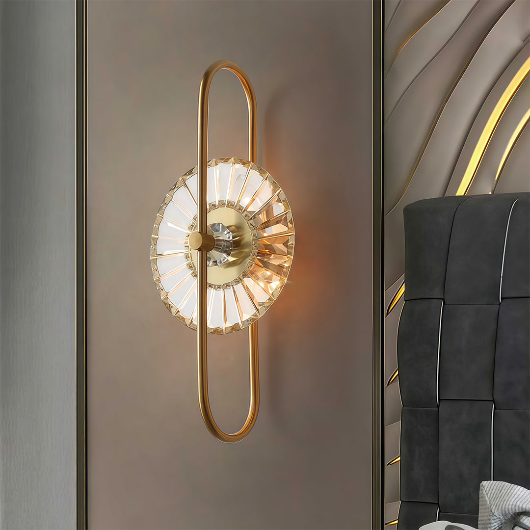 Architectural crystal wall sconces lighting with glass shade chandelier styling illuminating dark accent wall with dramatic effect.