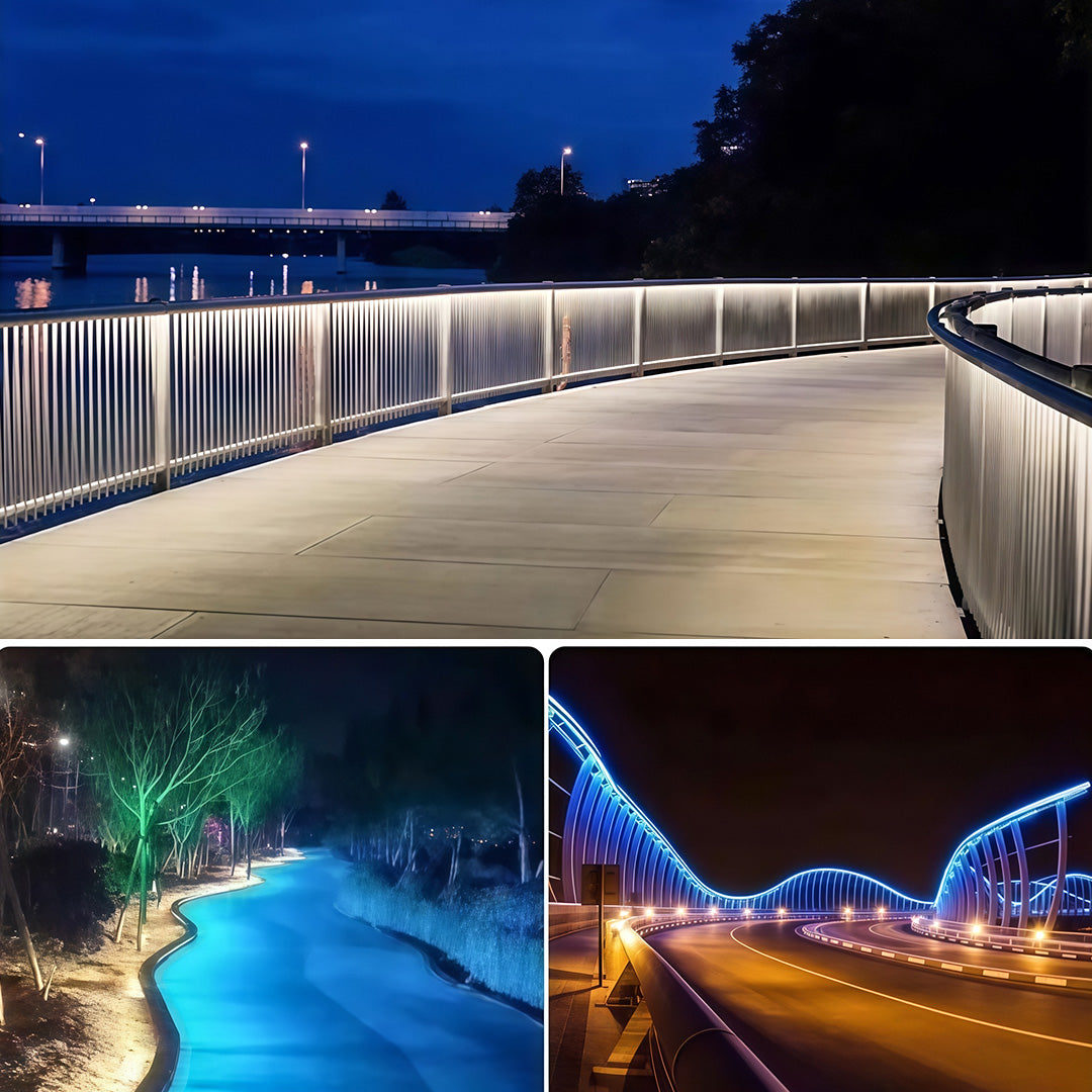 Architectural DIY wall wash lighting featuring glass shade chandelier aesthetic illuminating modern building facades and bridges.