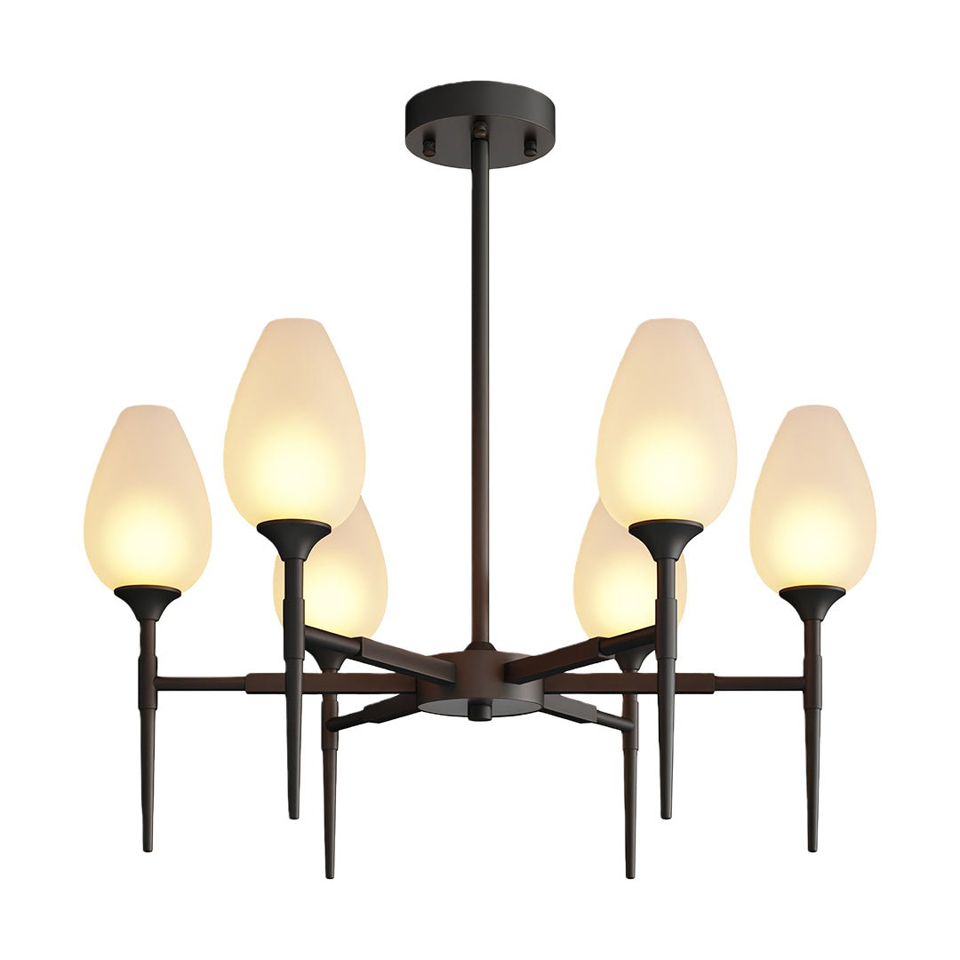 Architectural glass modern chandelier with glass shade chandelier design in matte black featuring six-light candelabra configuration.