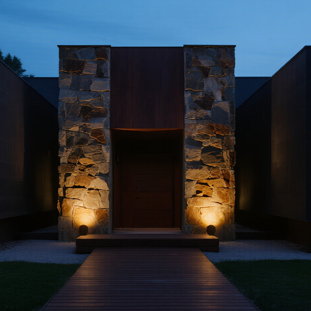 Architectural spotlight for landscape highlighting modern home exterior with warm accent lighting