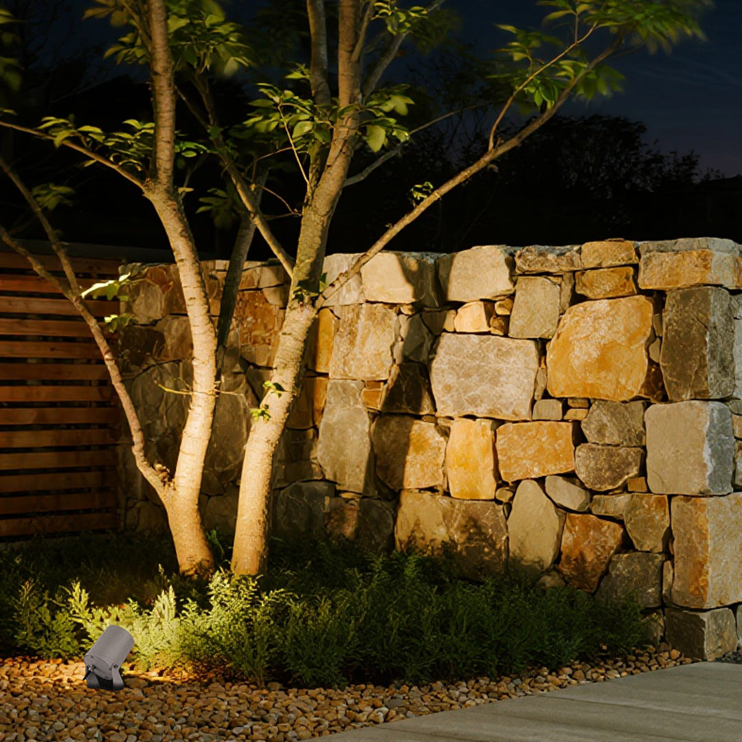 Architectural LED landscape spotlight illuminating ornamental tree in contemporary landscape design