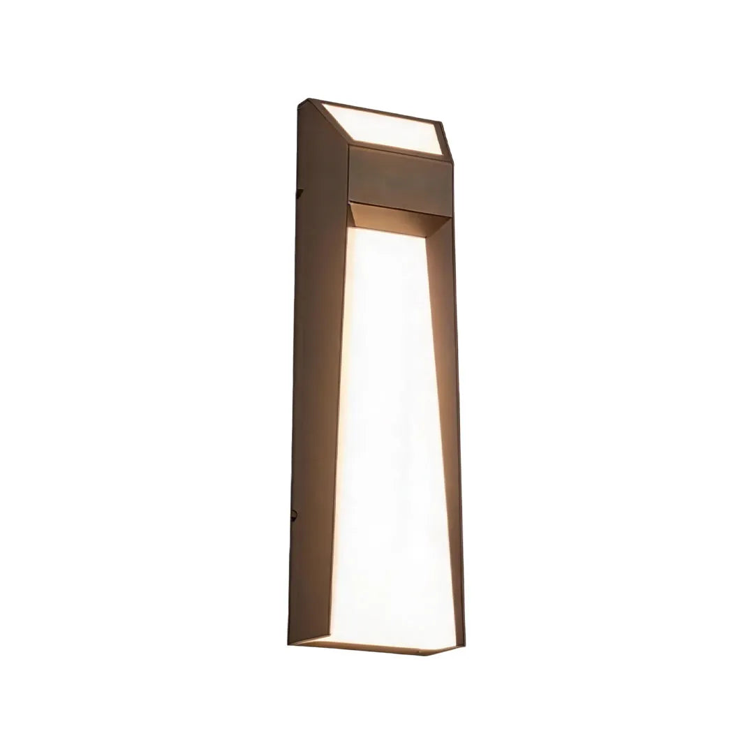 Architectural LED outdoor wall mount lighting with a bronze finish and elongated diffuser.