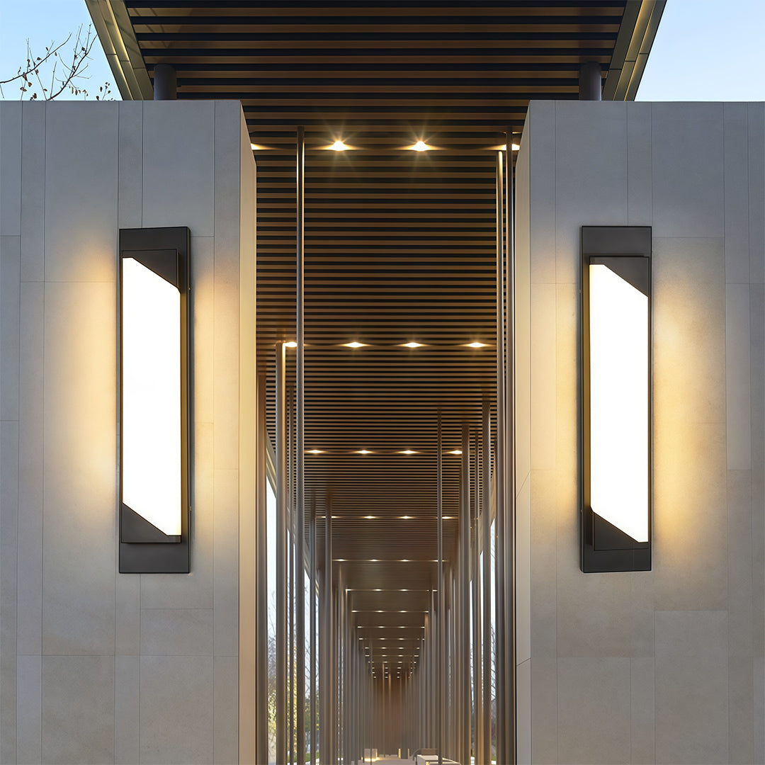 Architectural linear wall light outdoor with glass shade chandelier design shown in detailed angled view highlighting construction detail.