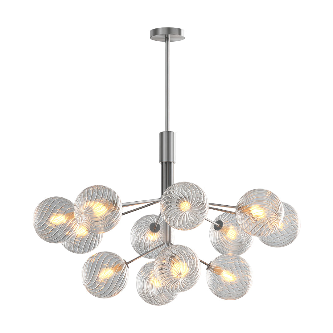Architectural luxury modern chandeliers featuring glass shade chandelier aesthetic in chrome with contemporary multi-arm design.